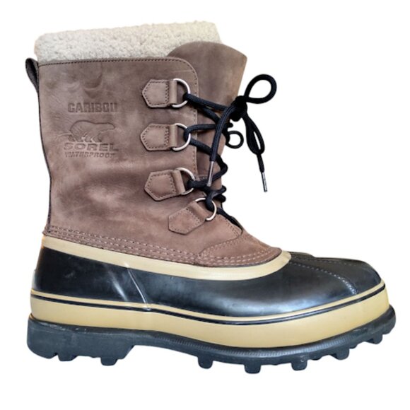 SOREL Mens 11 Brown Caribou Waterproof Leather Winter Snow Boots Workwear Heavy - Picture 1 of 10